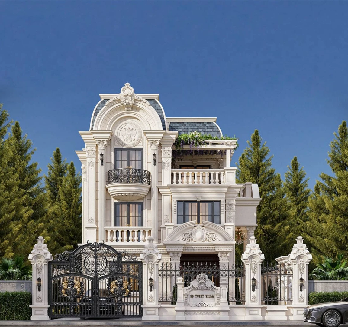 Mẫu thiết kế biệt thự cổ điển có màu sắc chủ đạo thường là trắng, kem hoặc vàng nhạt