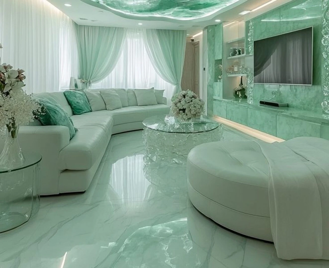 Gạch lát nền màu xanh nhạt dễ dàng kết hợp với không gian nội thất