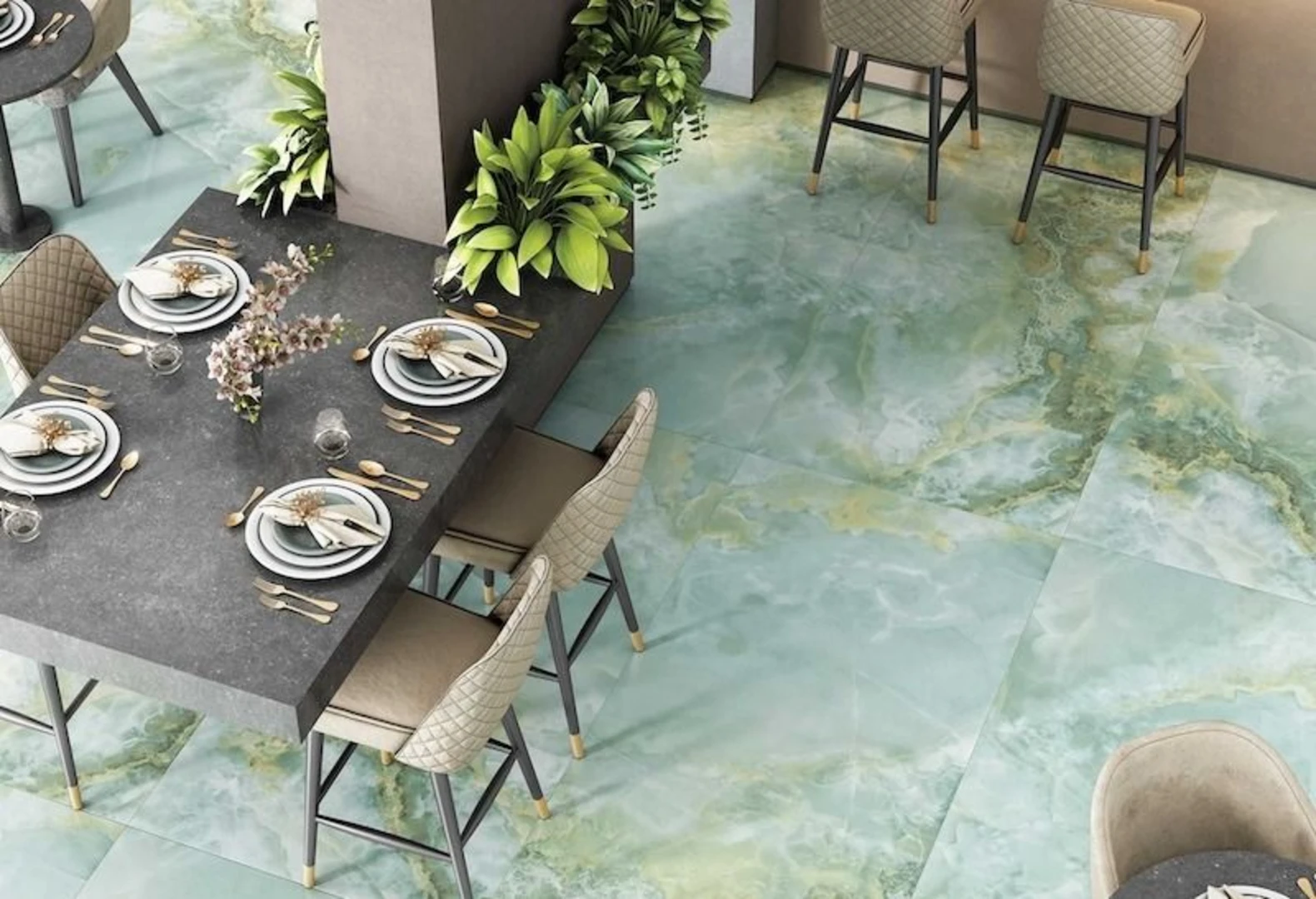 Gạch lát nền màu xanh ngọc bích mang lại hiệu ứng thị giác vô cùng ấn tượng