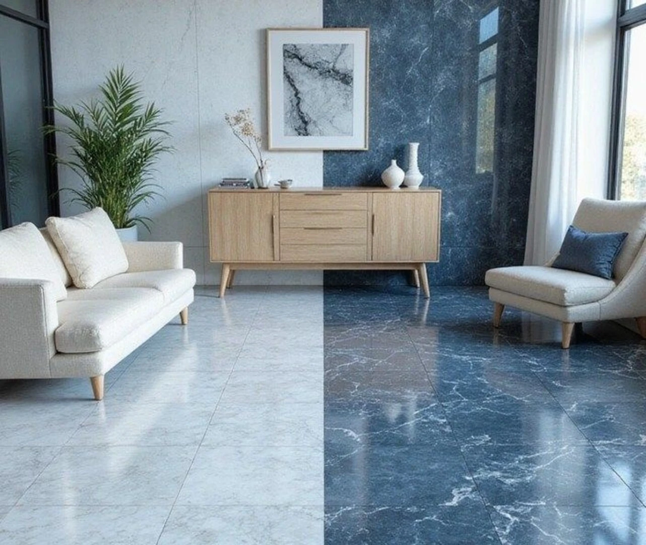 Gạch lát nền màu xanh da trời mang lại cảm giác bình yên, thư thái