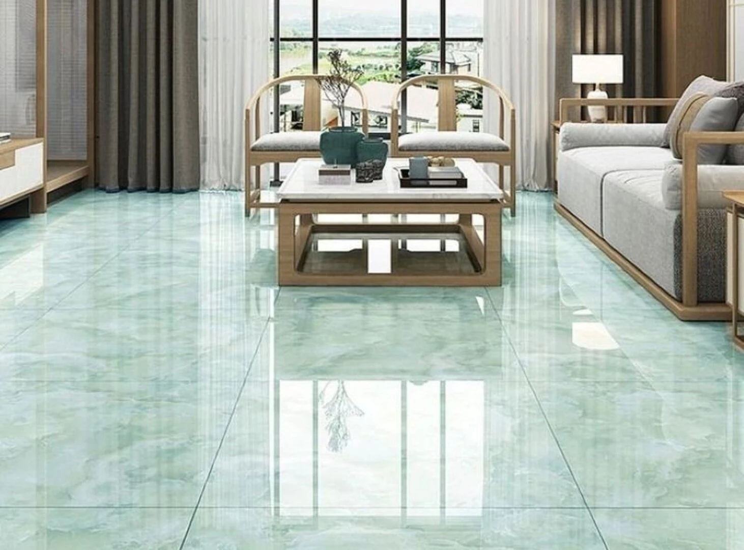 Gạch lát nền màu xanh nhạt rất phù hợp để lát nền phòng khách