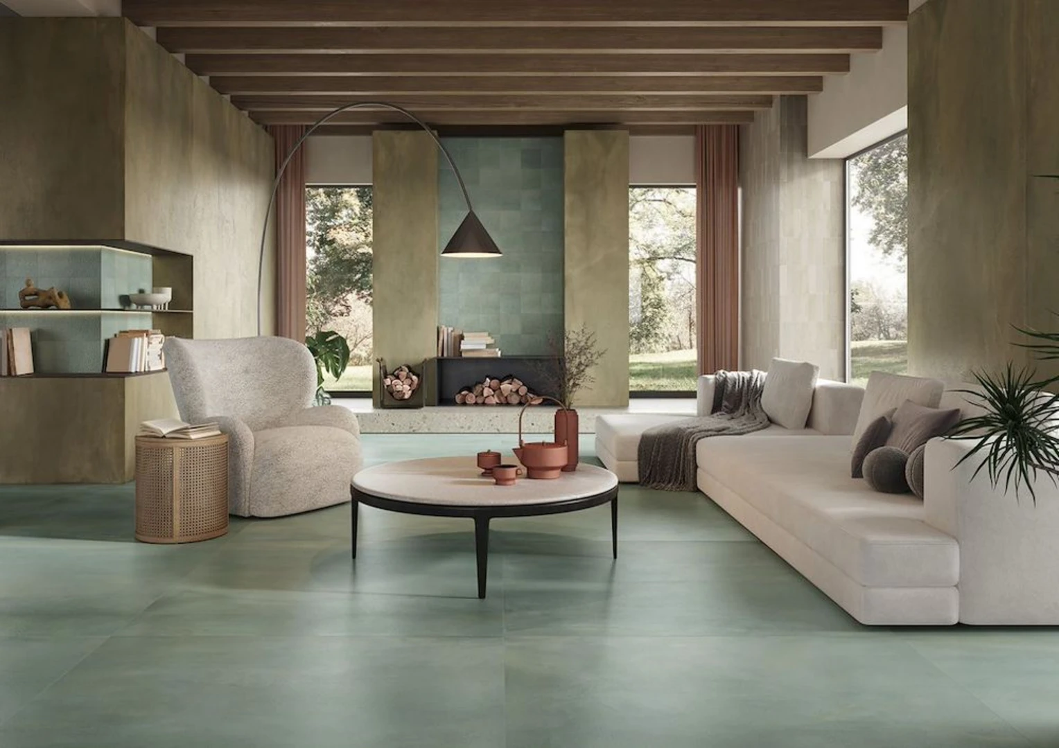 Ứng dụng của gạch lát nền màu xanh cho phòng khách