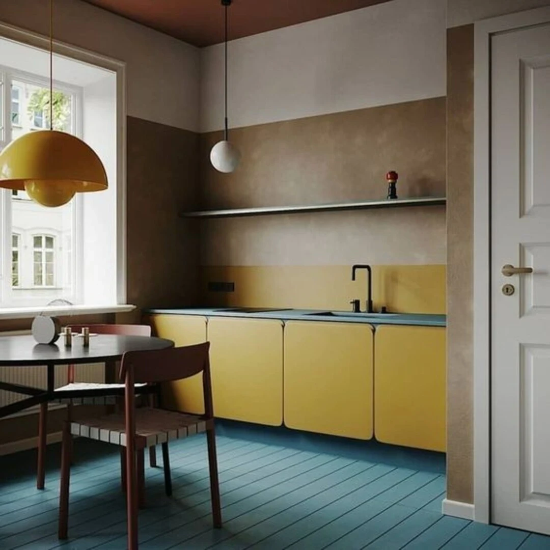 Phối gạch lát nền màu xanh với nội thất màu nóng