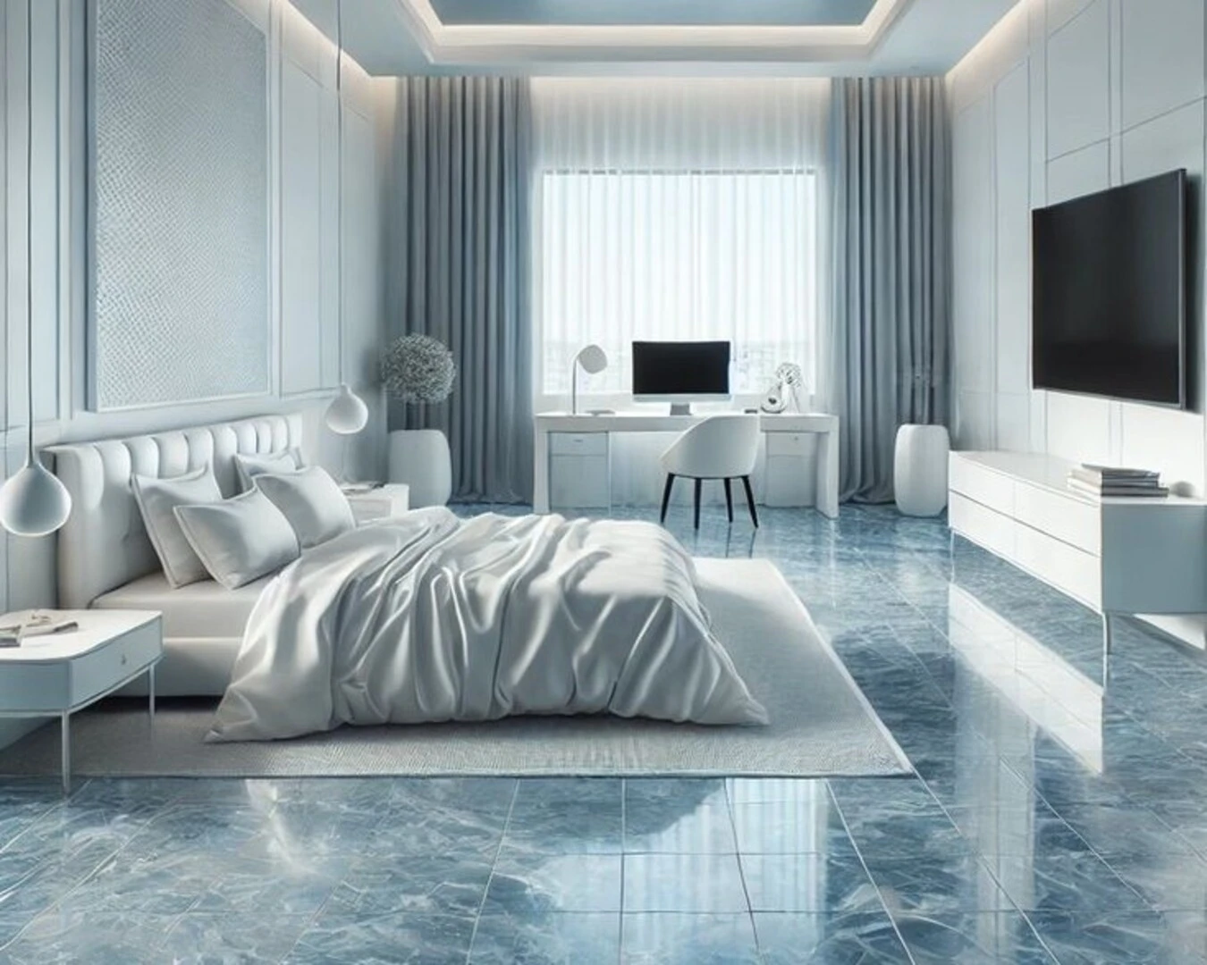 Ứng dụng của gạch lát nền màu xanh cho phòng ngủ