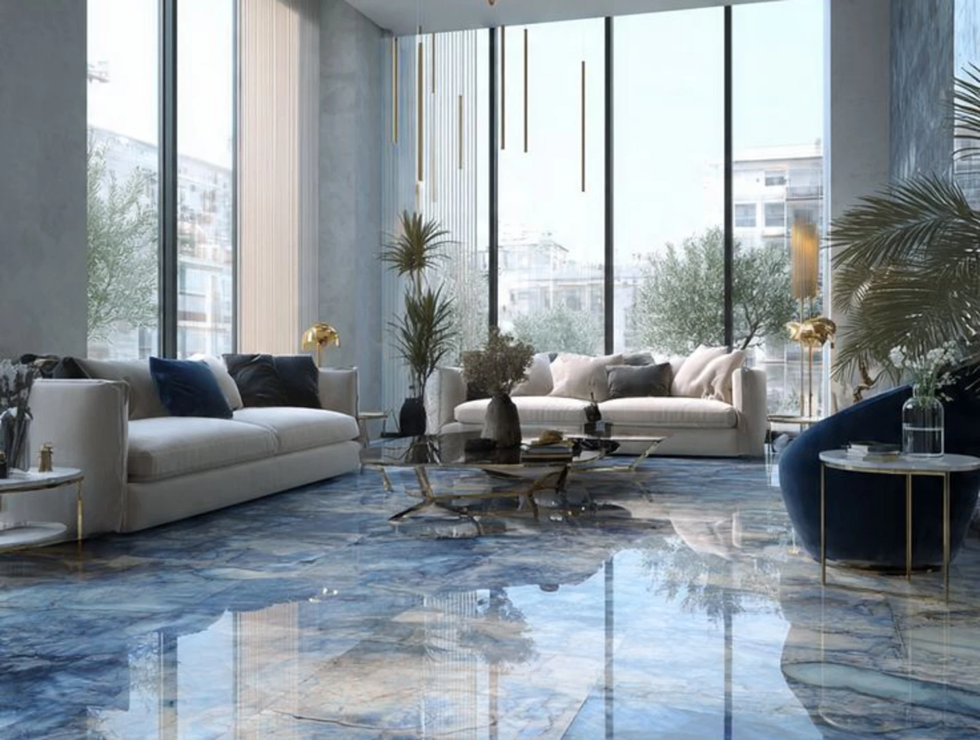 Phối gạch lát nền màu xanh với gạch ốp tường có tone trung tính