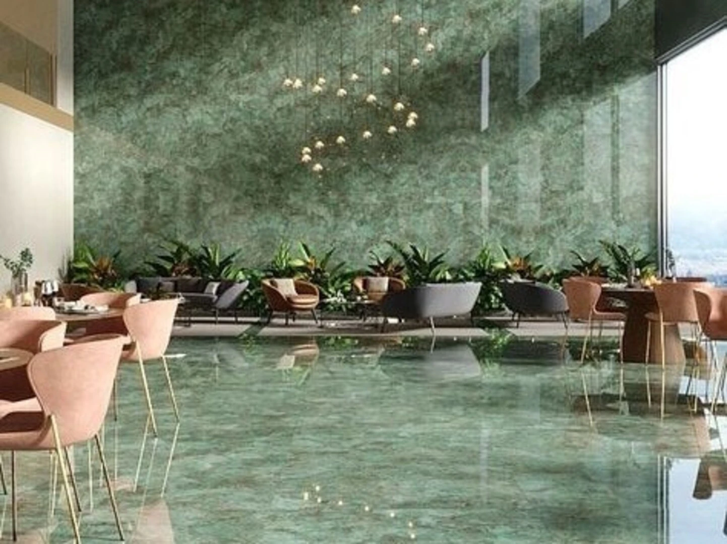 Gạch lát nền màu xanh cẩm thạch mang đến cảm giác gần gũi với thiên nhiên