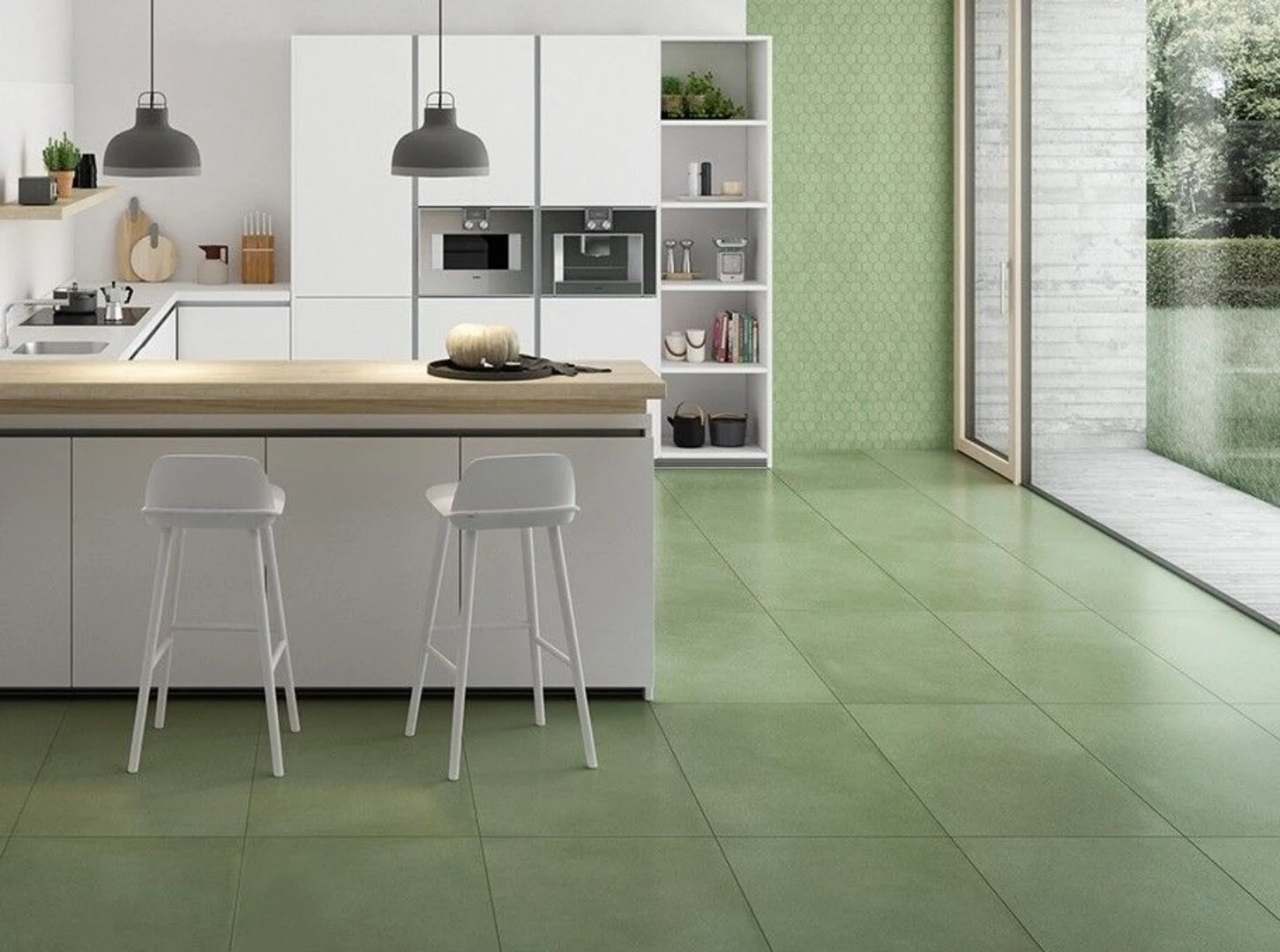 Ứng dụng của gạch lát nền màu xanh cho phòng bếp