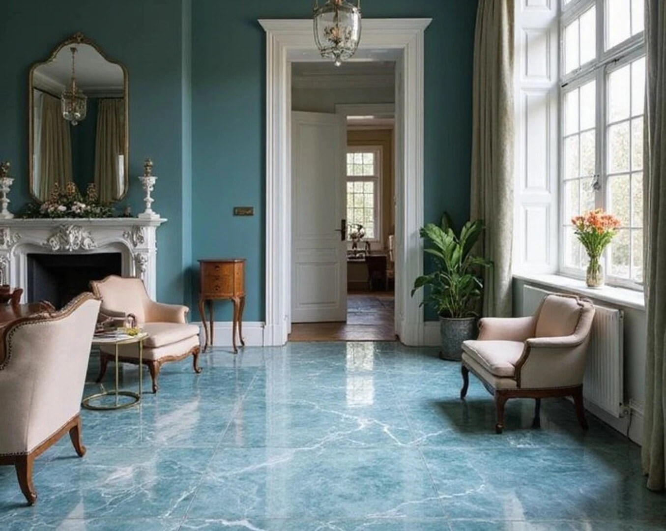 Gạch lát nền màu xanh da trời mang vẻ đẹp sang trọng, tươi mới