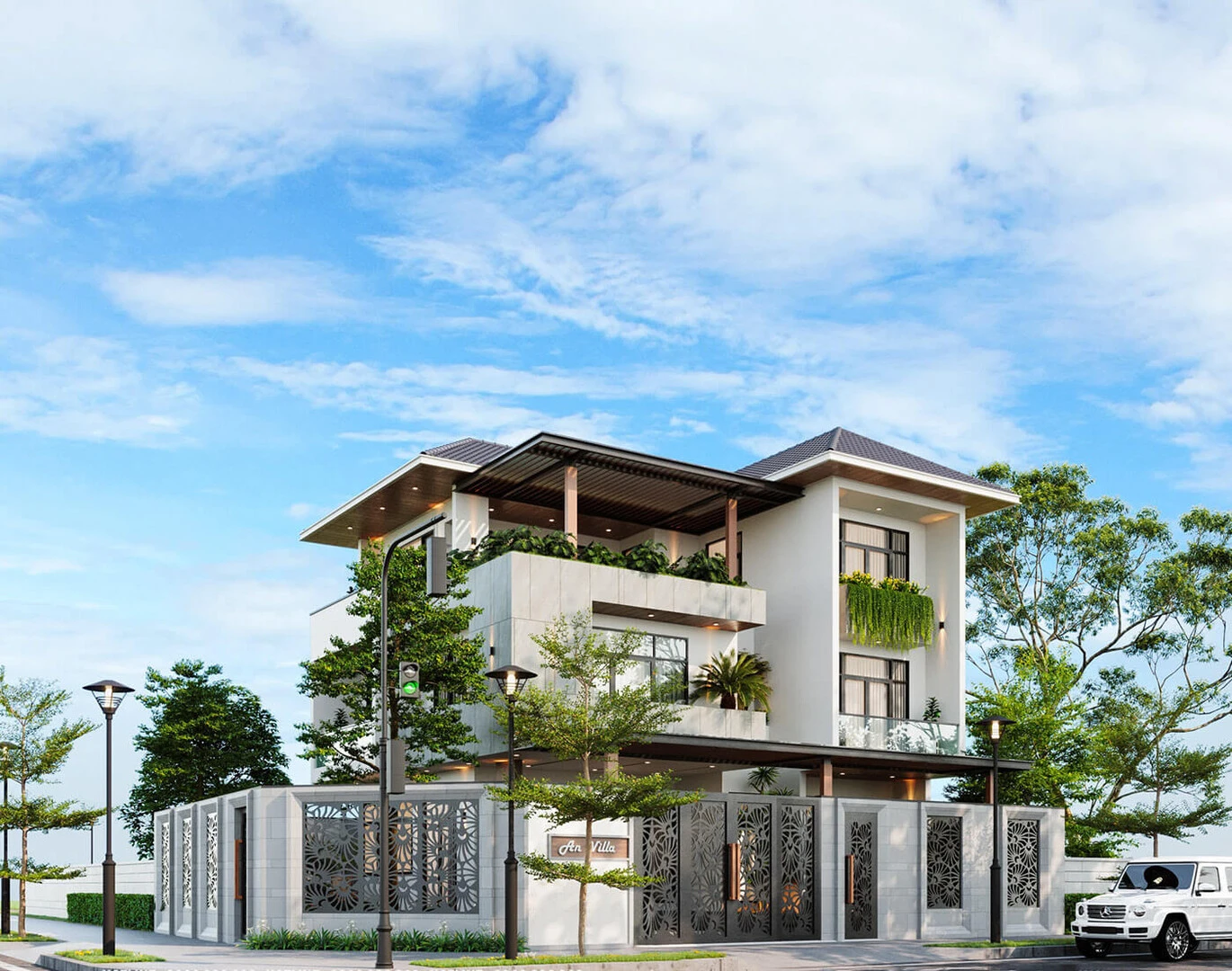 Mẫu biệt thự hiện đại 3 tầng thiết kế mái hiên độc đáo