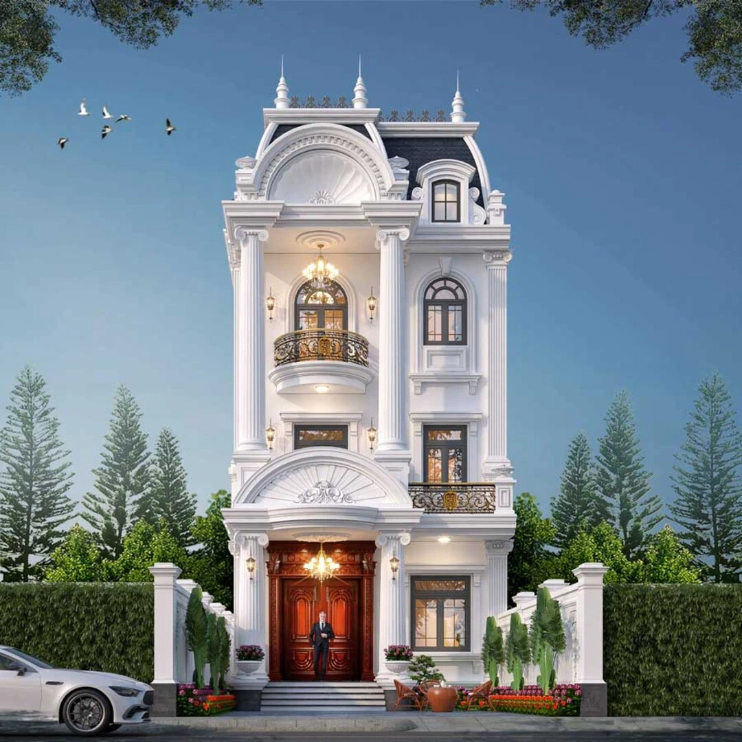 Mẫu nhà biệt thự kiểu Pháp cổ điển 3 tầng tone trắng nền nã