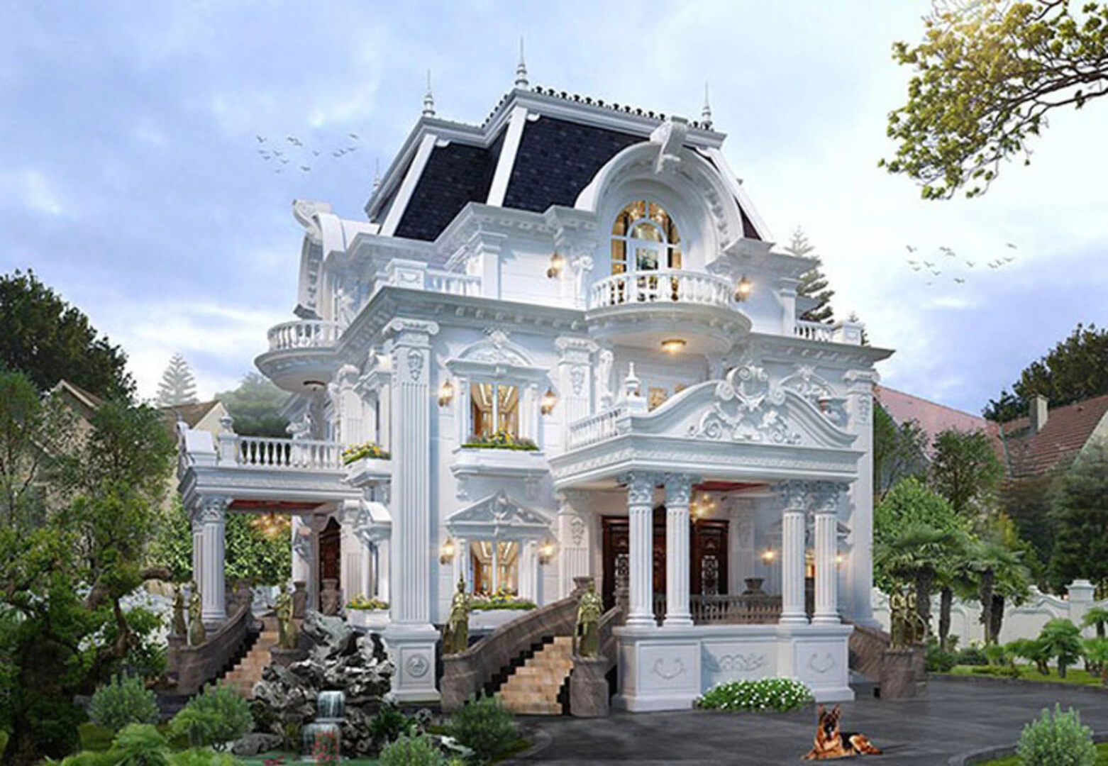 Vật liệu ứng dụng trong biệt thự kiểu Pháp thường là đá tự nhiên, gỗ quý hiếm, pha lê 