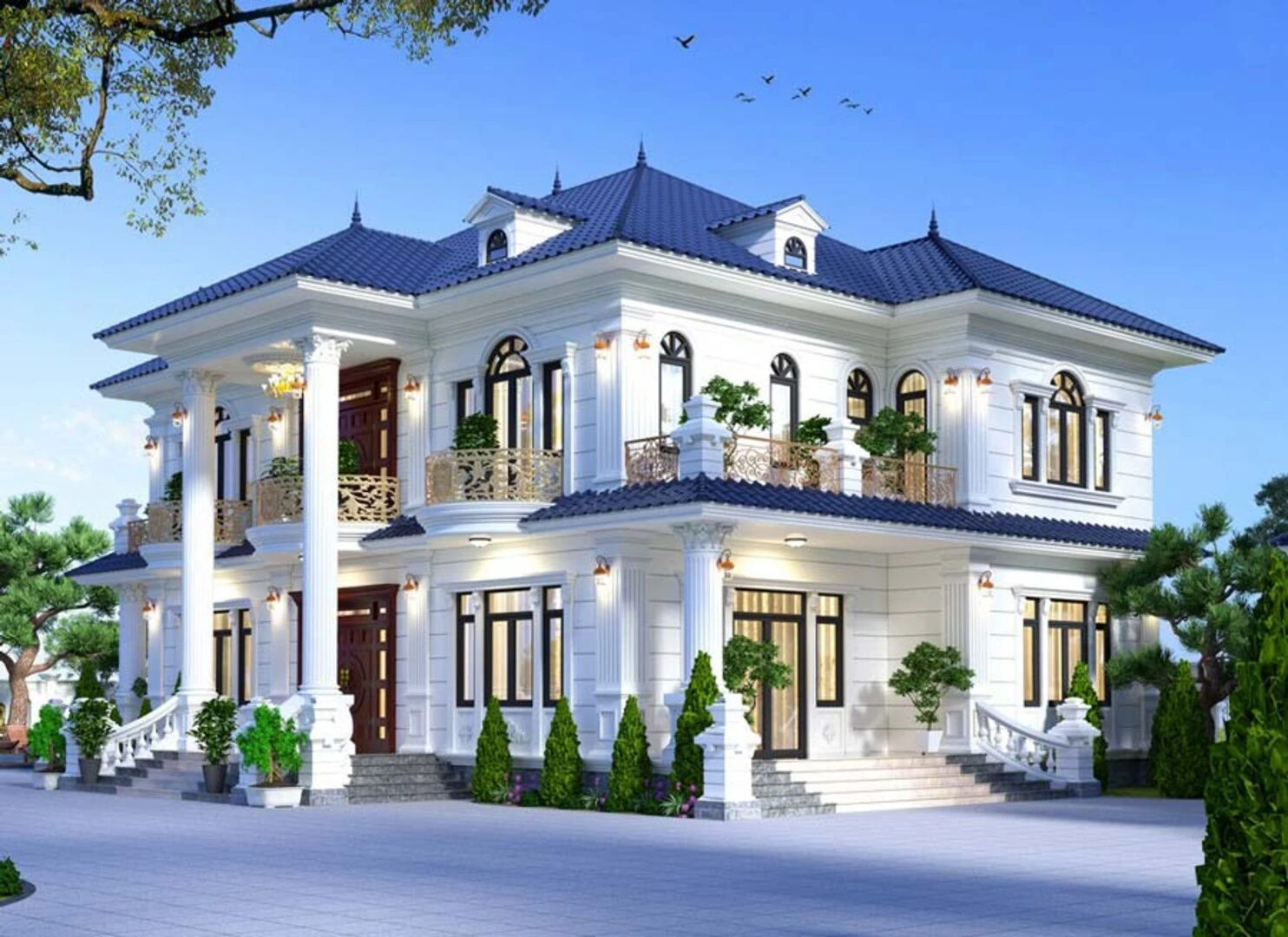 Biệt thự kiểu Pháp cổ điển 2 tầng có sân vườn hiện đại, hài hòa với thiên nhiên 