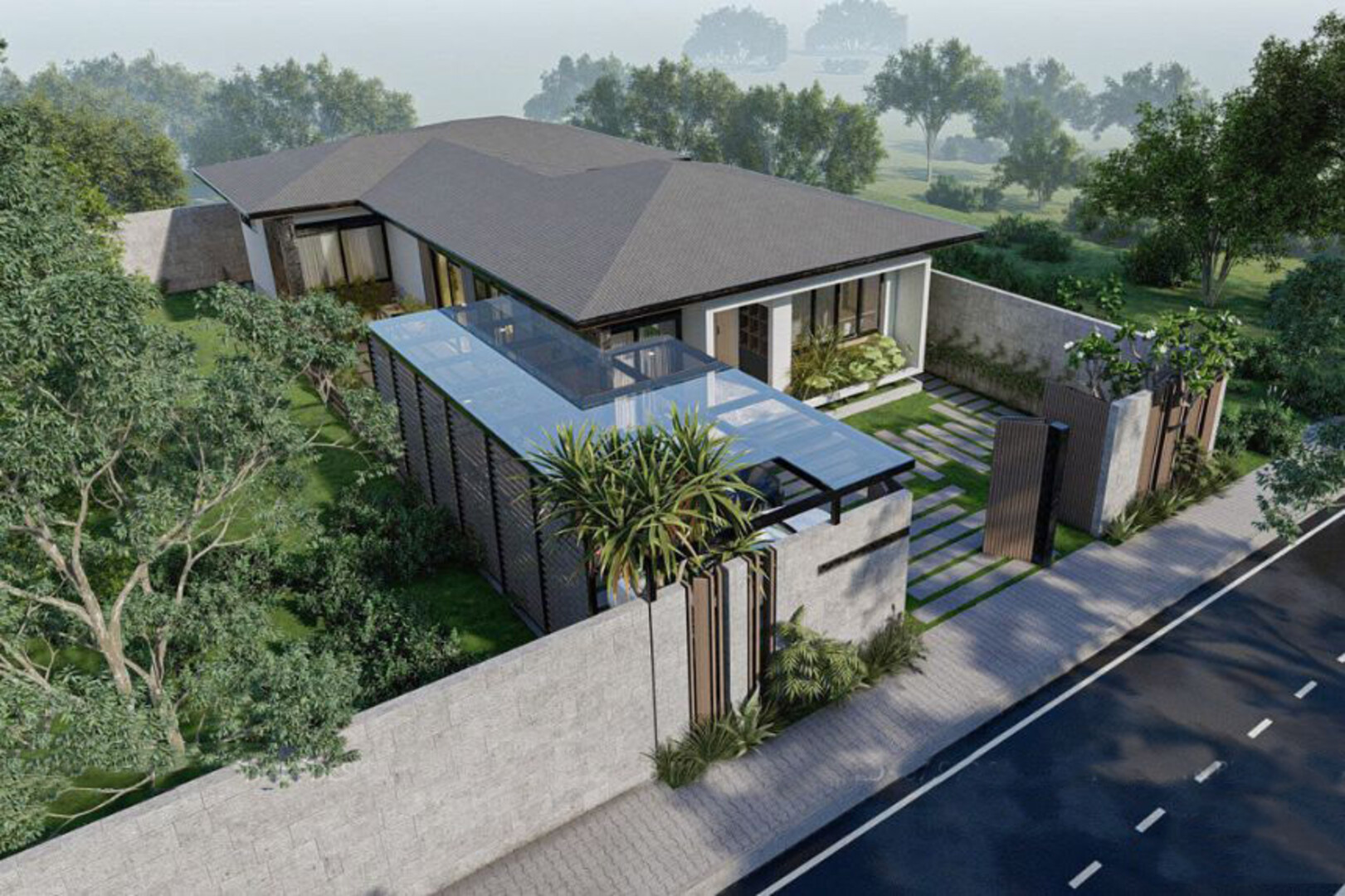 Thiết kế biệt thự sân vườn 1 tầng chữ L hiện đại, tối ưu