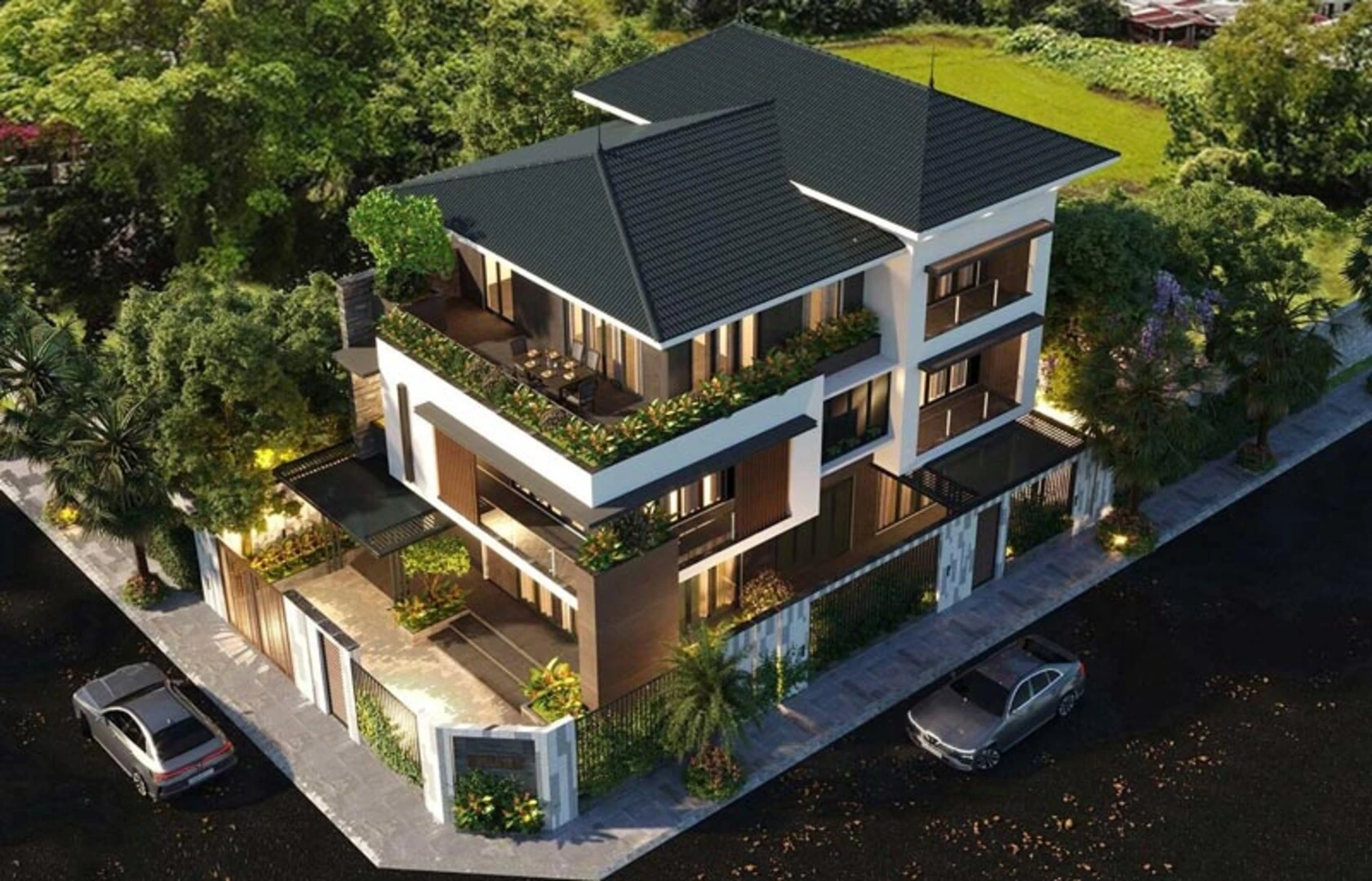 Mẫu biệt thự nhà vườn 3 tầng mái Nhật nổi bật với đường nét tinh tế và thanh lịch