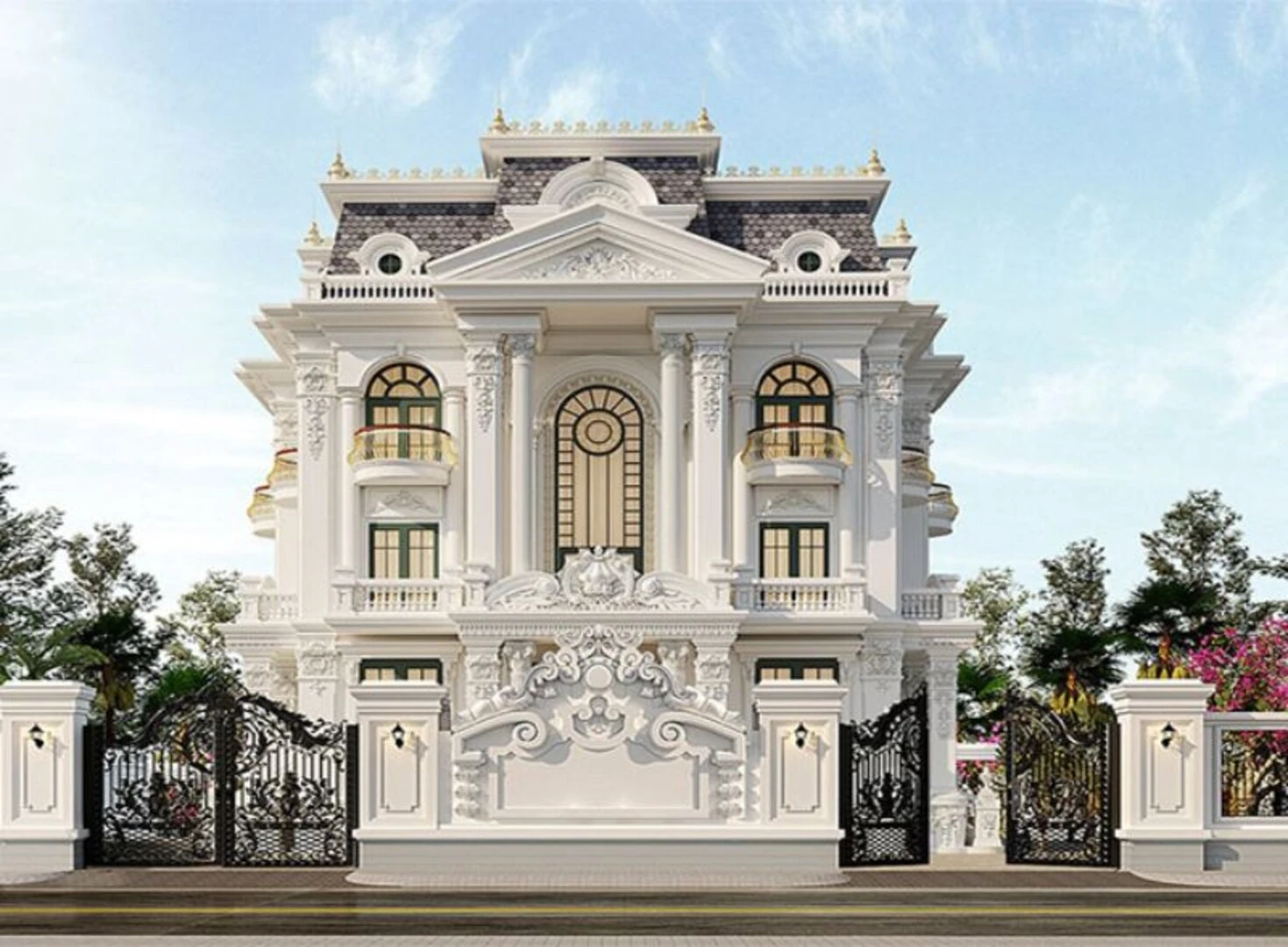 Các mẫu biệt thự pháp cổ điển thường có bố cục cân đối, tỷ lệ chuẩn mực 