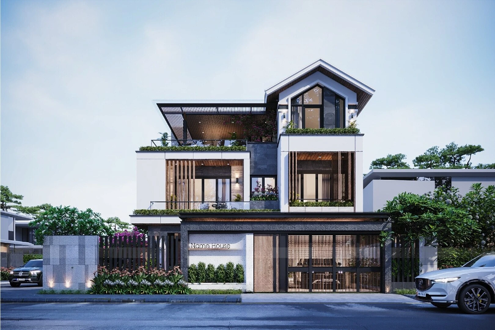 Mẫu thiết kế biệt thự phố mái Thái giúp công trình thêm bề thế