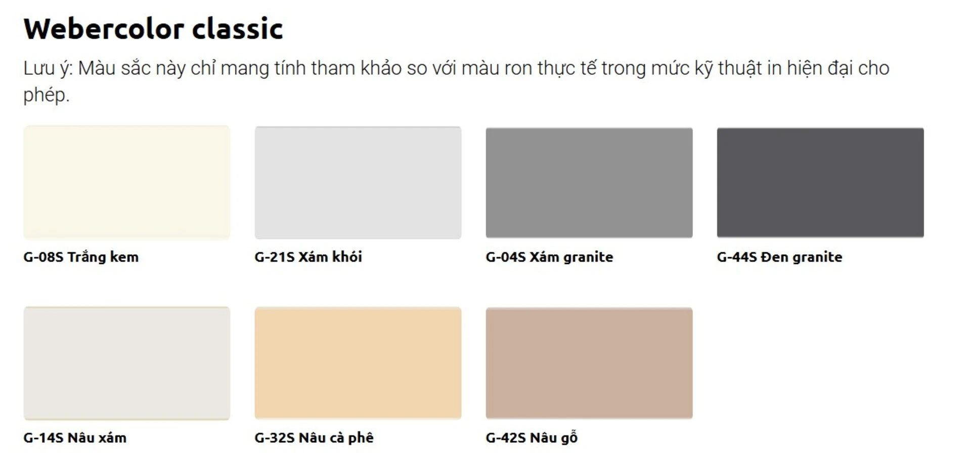 Bảng màu keo chà ron Webercolor Classic