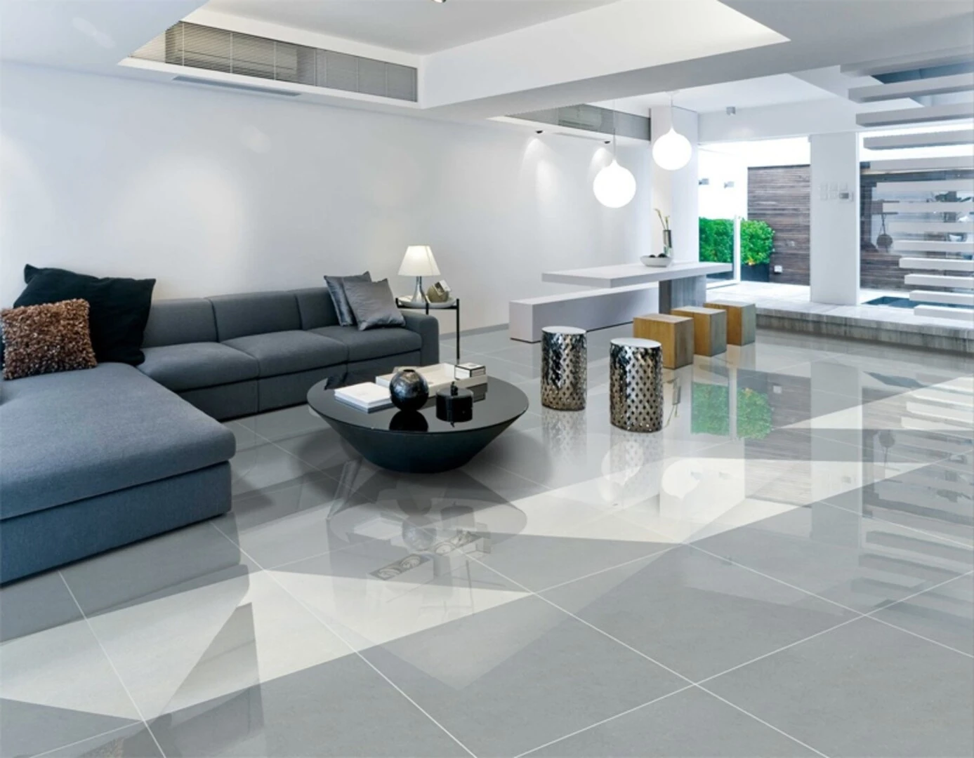 Gạch lát nền màu ghi xám mang đến vẻ đẹp sang trọng cho ngôi nhà