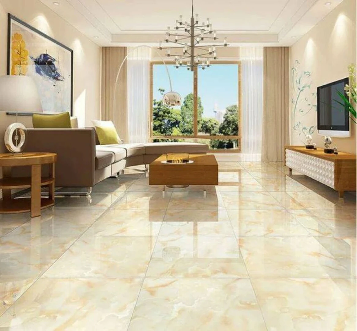 Gạch lát nền màu vàng ánh kim giúp phòng khách thêm sang trọng