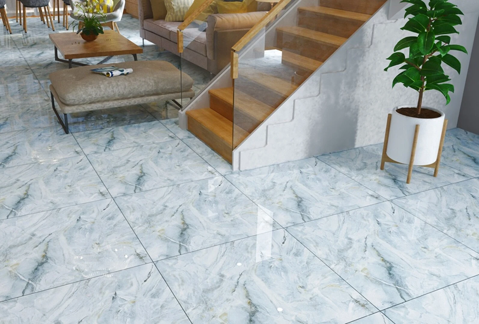 Sự kết hợp giữa gạch màu xám xanh và màu trắng mang đến vẻ đẹp hiện đại