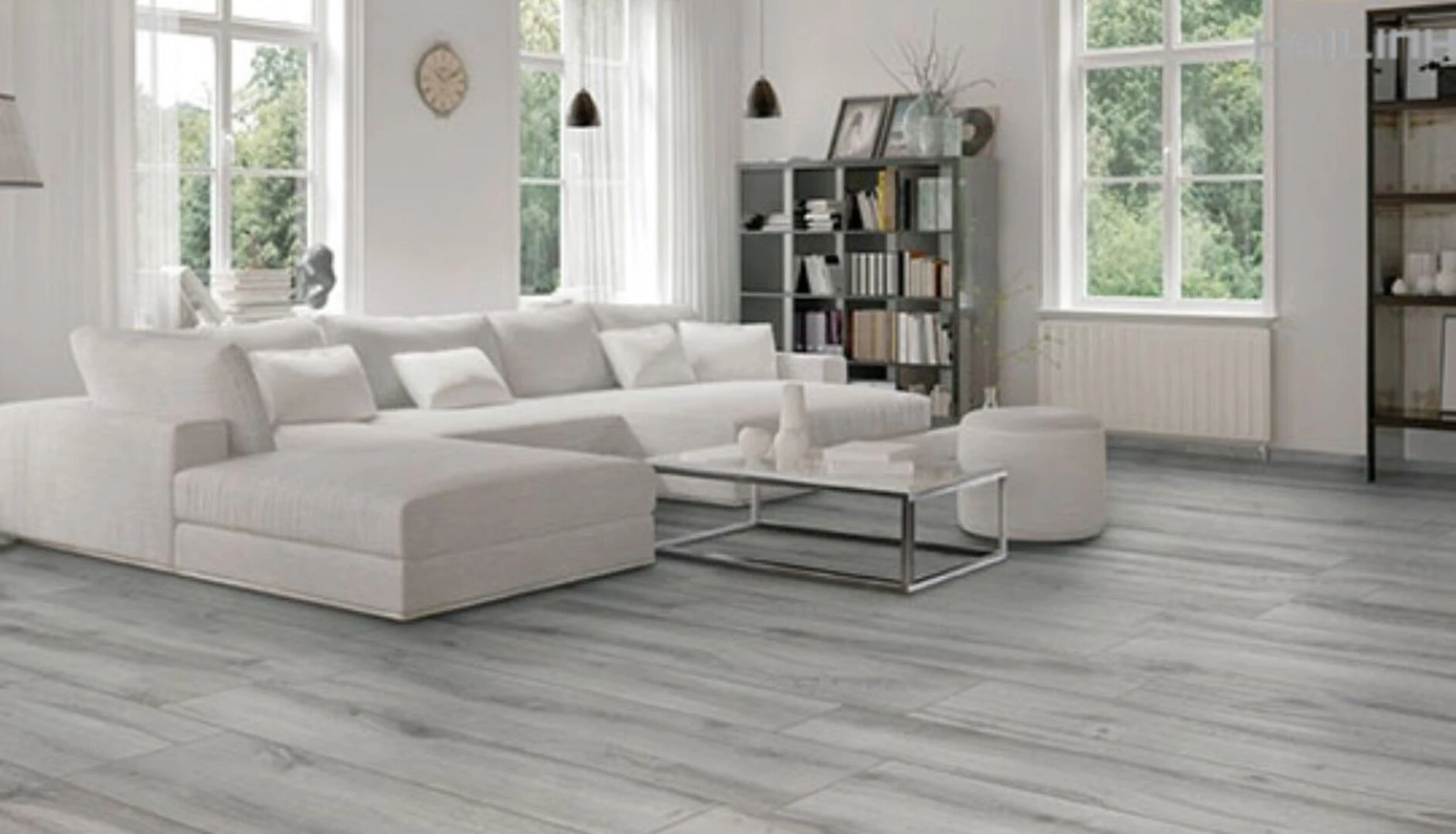 Gạch lát nền màu xám xanh giả gỗ mang đến cảm giác mát mẻ, dễ chịu 