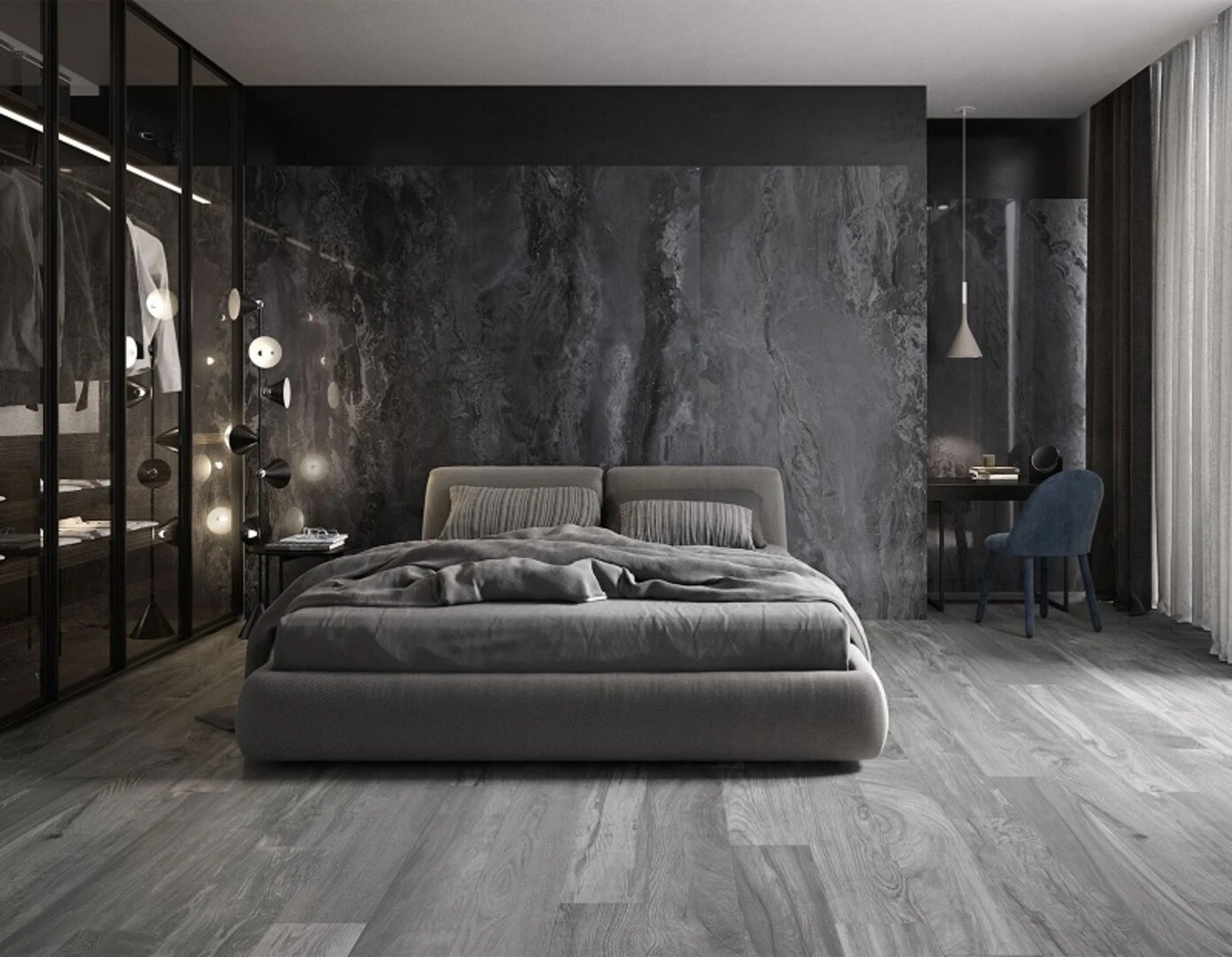 Ốp tường màu ghi xám cho phòng ngủ