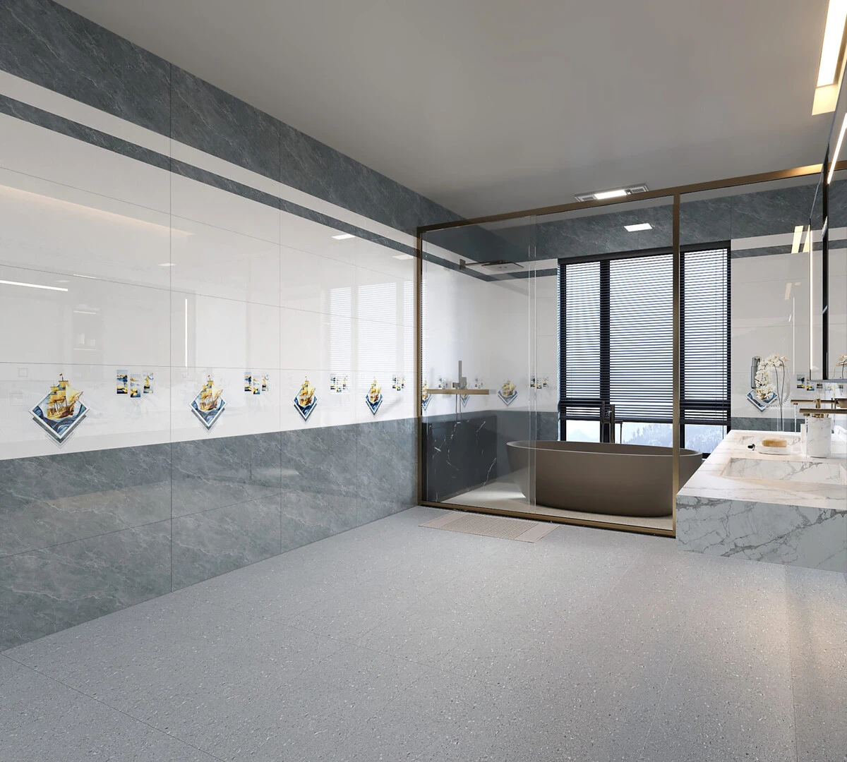 Gạch ốp tường màu ghi xám họa tiết 3D