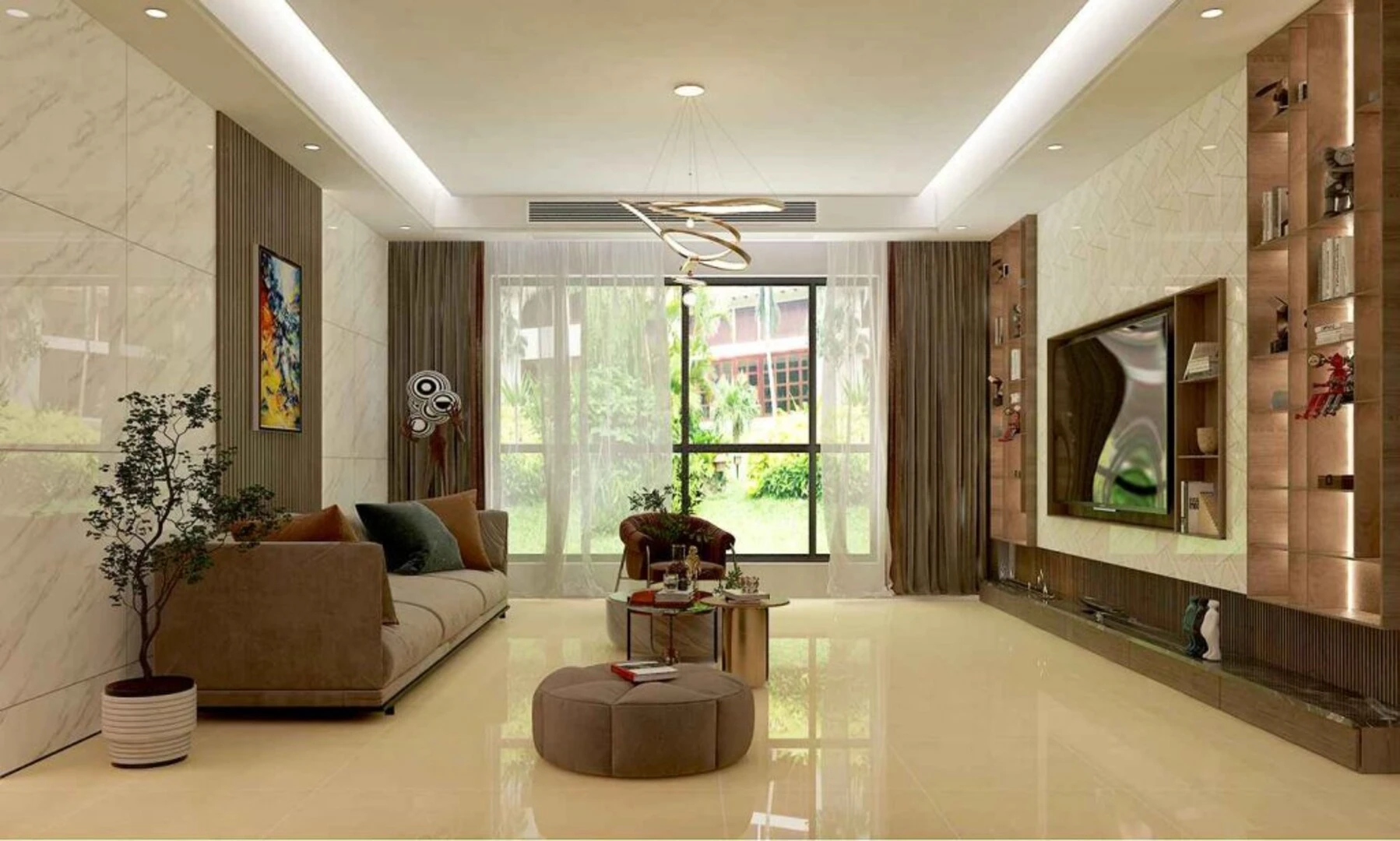 Gạch ốp tường màu vàng kem cho phòng khách 