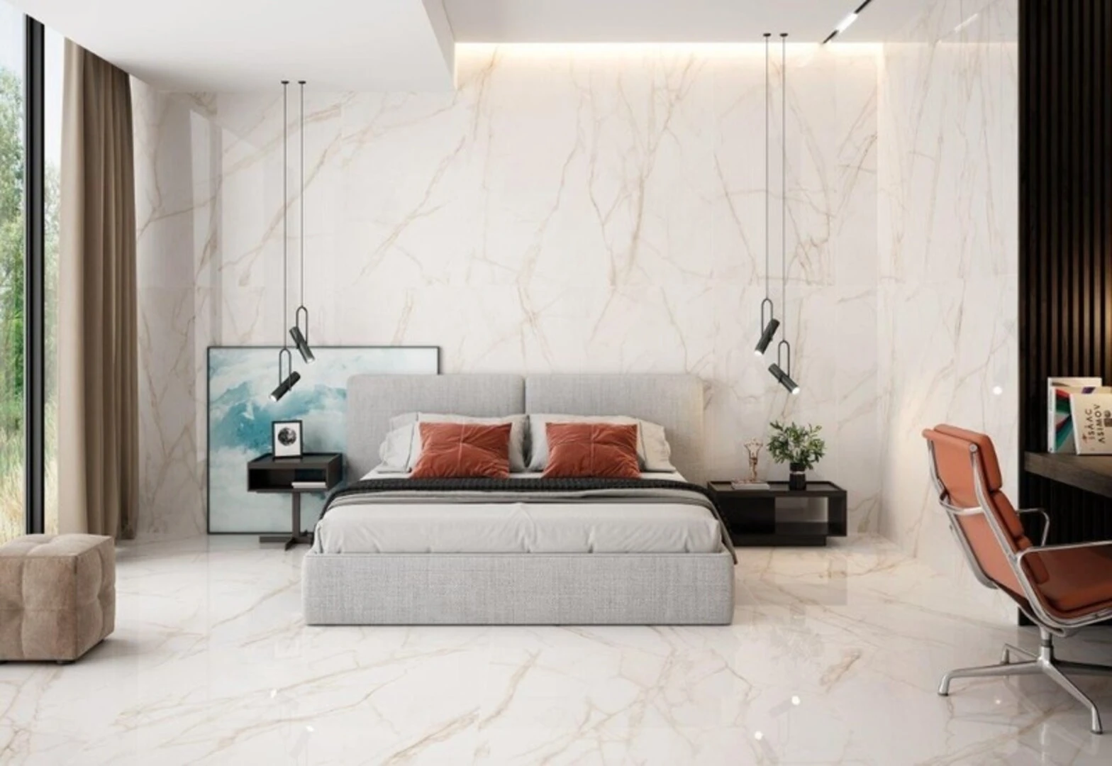 Gạch ốp tường màu vàng kem cho phòng ngủ