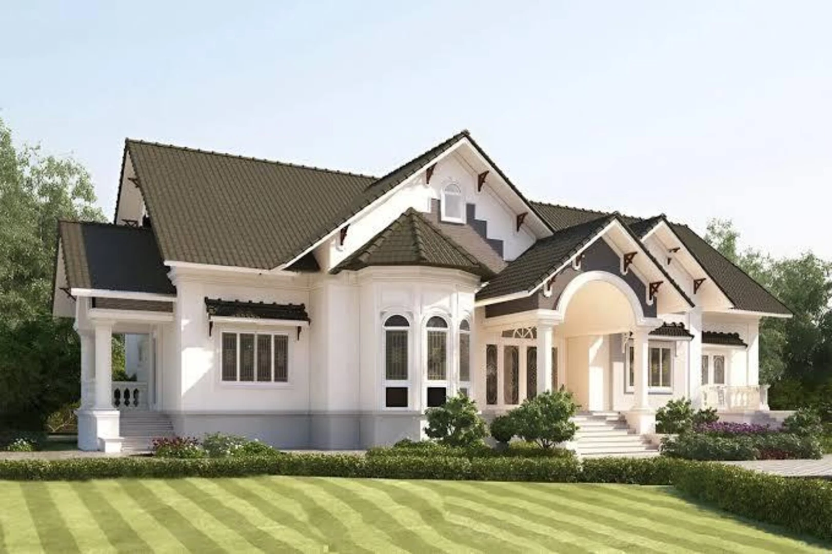 Biệt thự Châu Âu mái Thái giật cấp giúp tăng tính thẩm mỹ cho công trình 