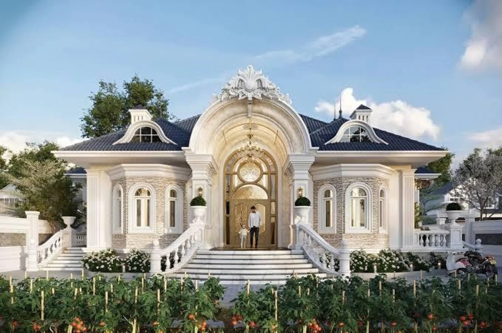 Dinh thự Châu Âu 1 tầng 5 phòng ngủ nổi bật với kiến trúc bề thế