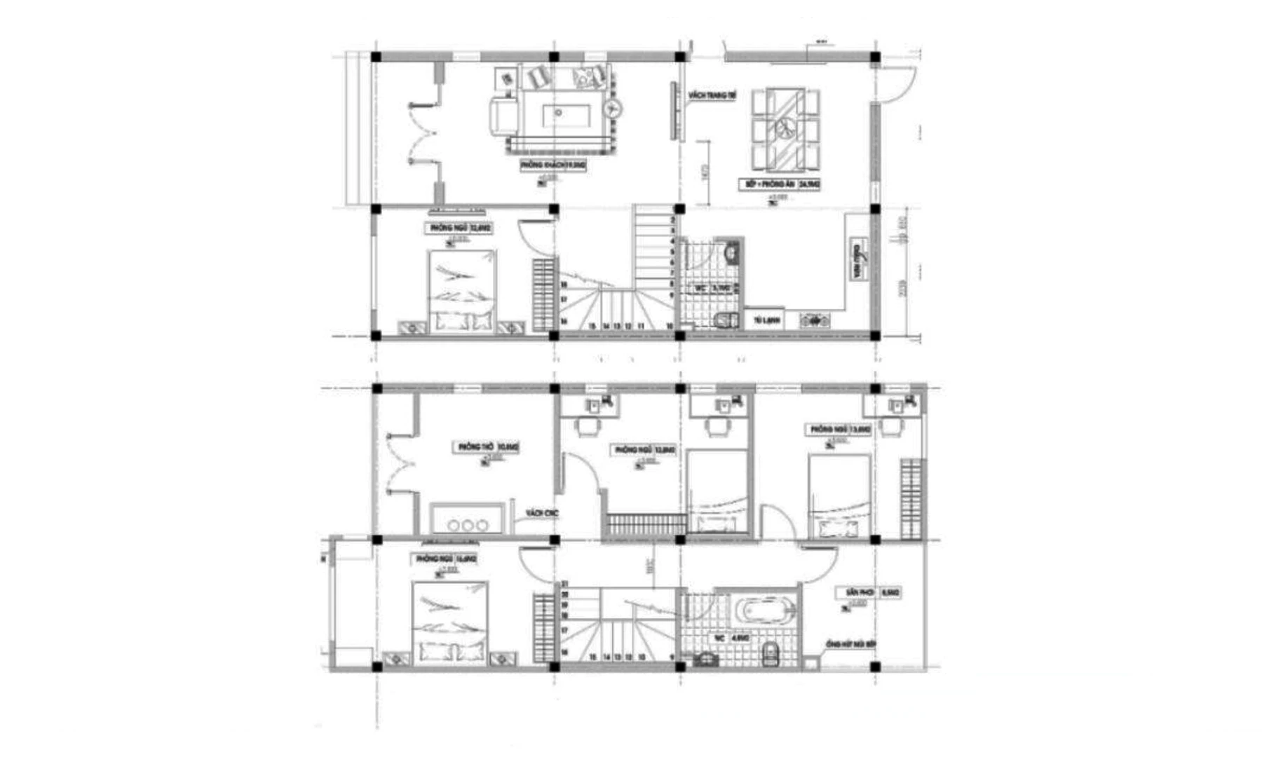 Bản vẽ biệt thự 2 tầng hiện đại 8x12m với 3 phòng ngủ