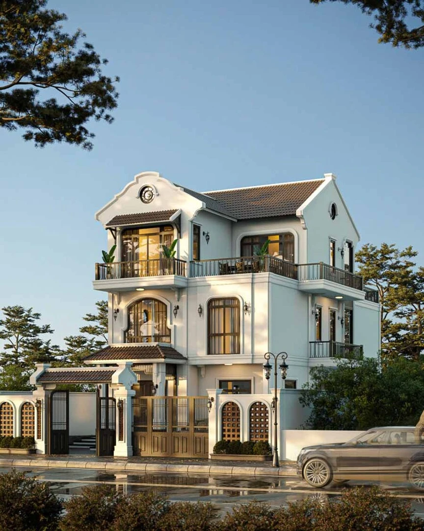 Mẫu biệt thự 3 tầng thiết kế kiểu kiến trúc Indochine