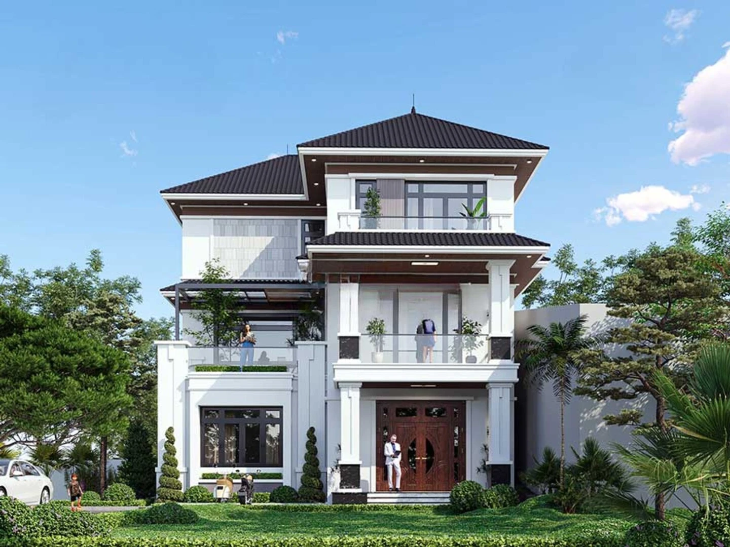 Biệt thự chữ L 3 tầng được thiết kế sân cổng rộng thoáng mát 