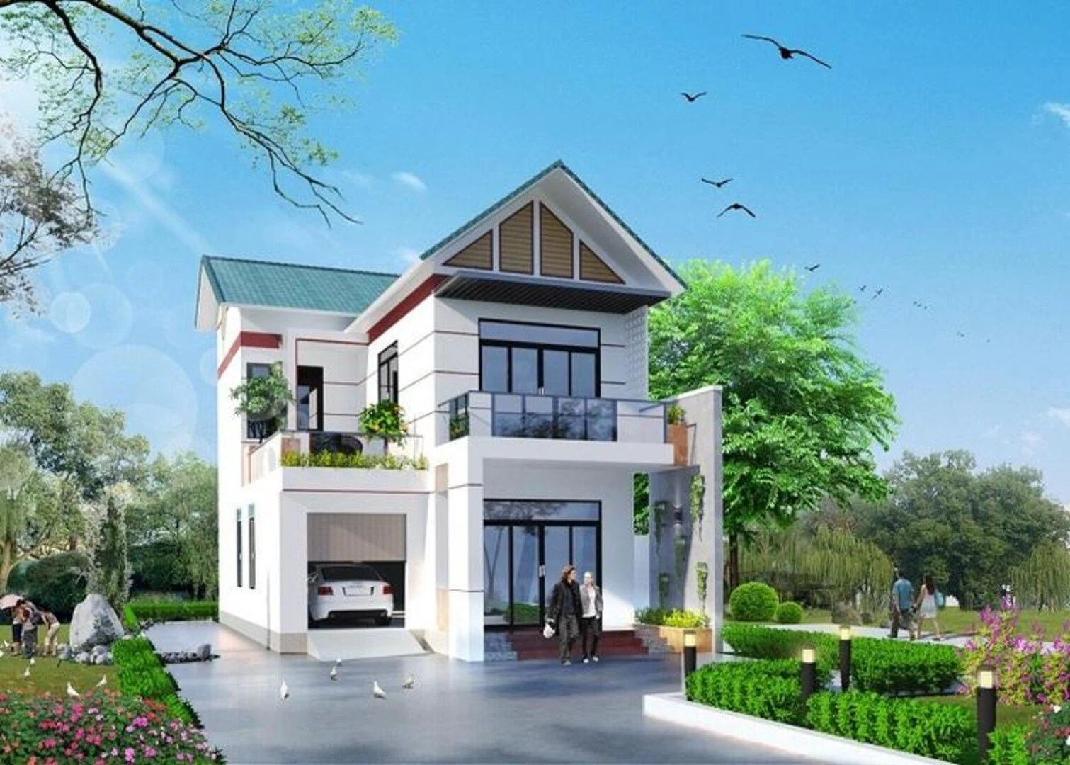 Mẫu nhà vườn 2 tầng có sân vườn tiện nghi
