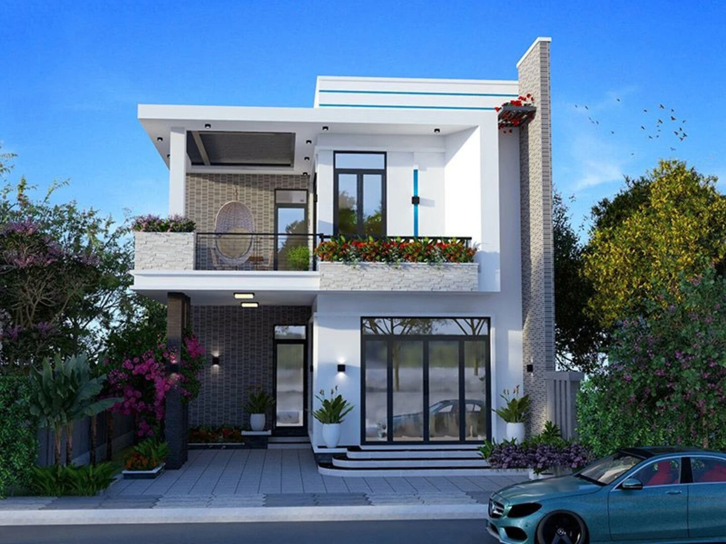 Nhà 2 tầng đẹp hình chữ L với bố cục linh hoạt