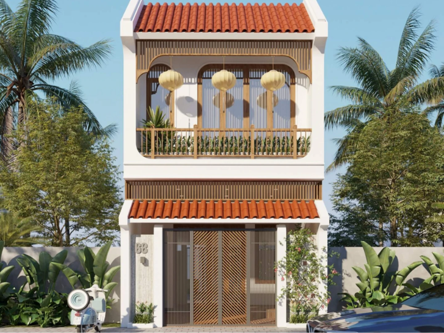 Mẫu nhà 2 tầng hiện đại mái ngói theo phong cách trẻ trung, phóng khoáng 
