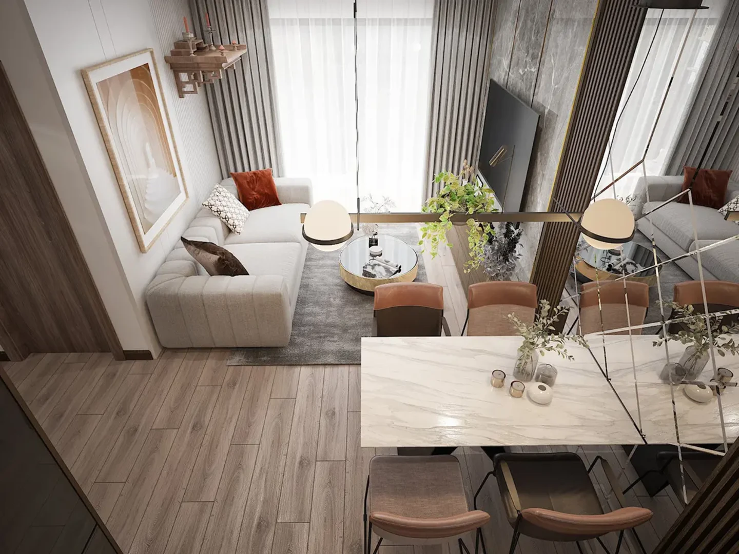 Thiết kế phòng khách căn hộ 55m2 đẹp và hiện đại