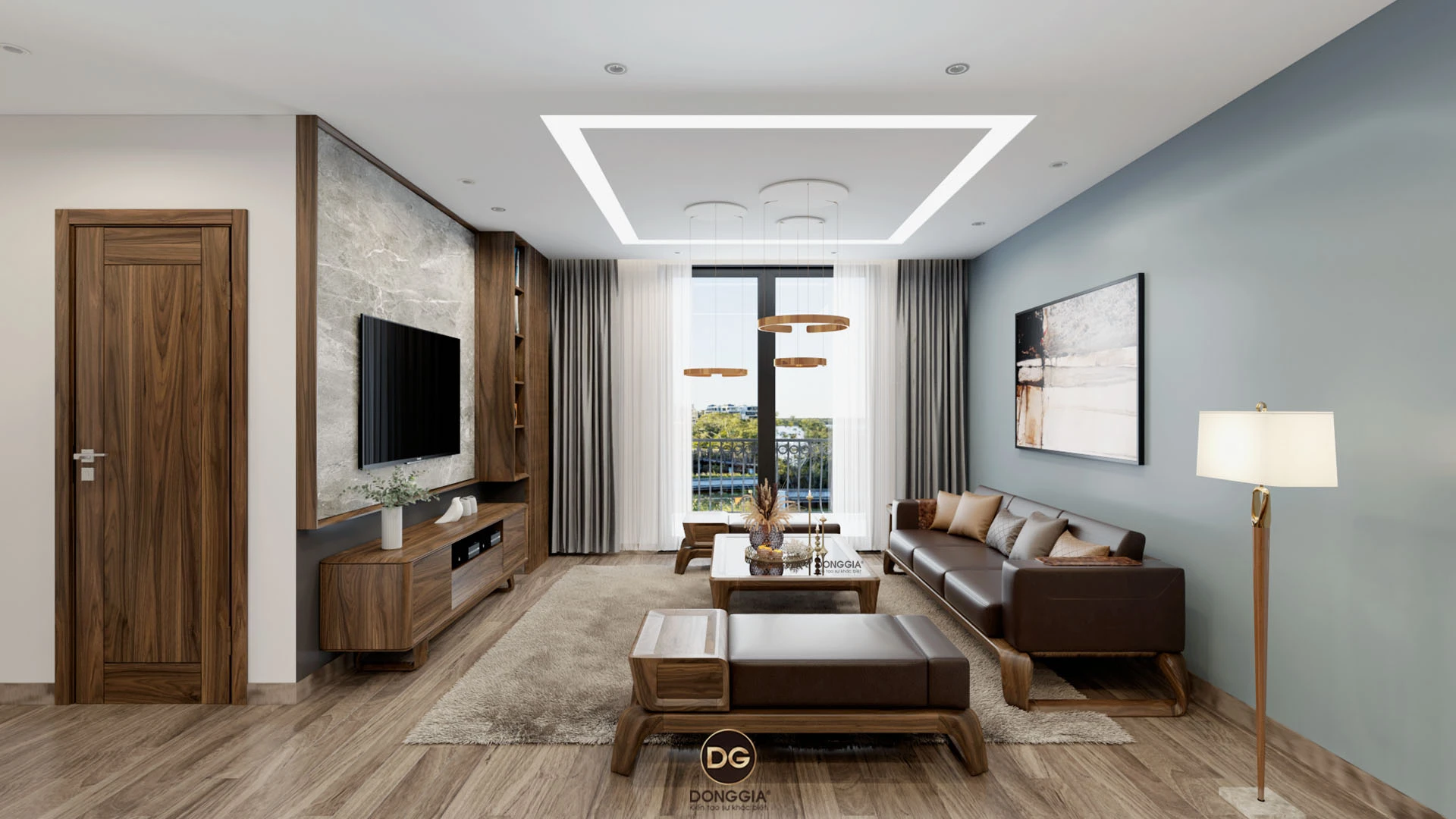 Mẫu thiết kế phòng khách chung cư 60m2 với nội thất gọn gàng 