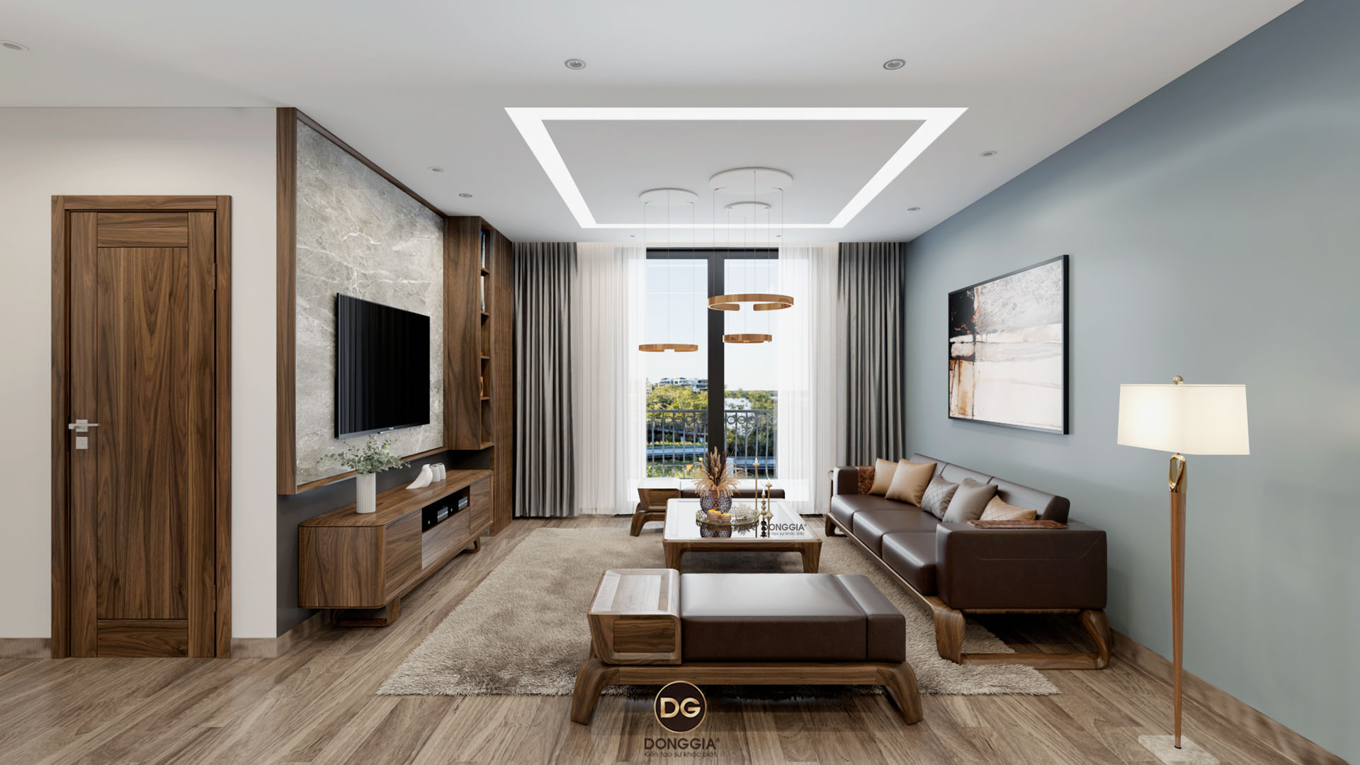 Mẫu thiết kế phòng khách chung cư 60m2 với nội thất gọn gàng 
