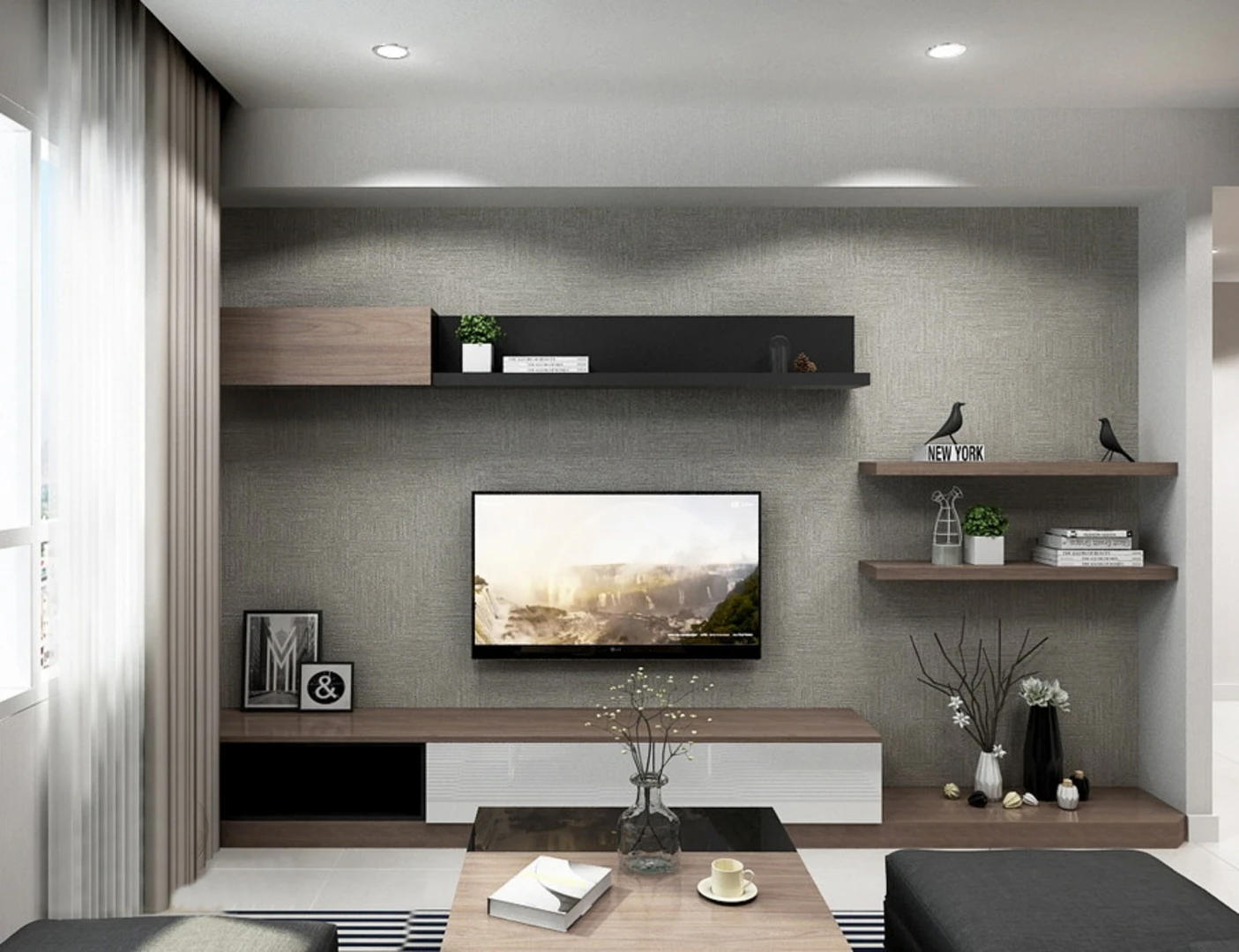 Kệ gỗ treo tường tận dụng hiệu quả diện tích phòng khách chung cư