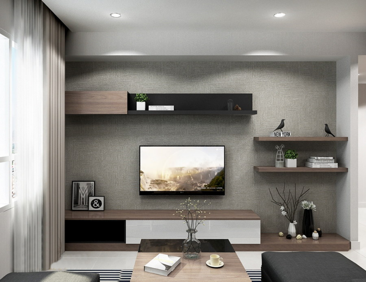 Kệ gỗ treo tường tận dụng hiệu quả diện tích phòng khách chung cư