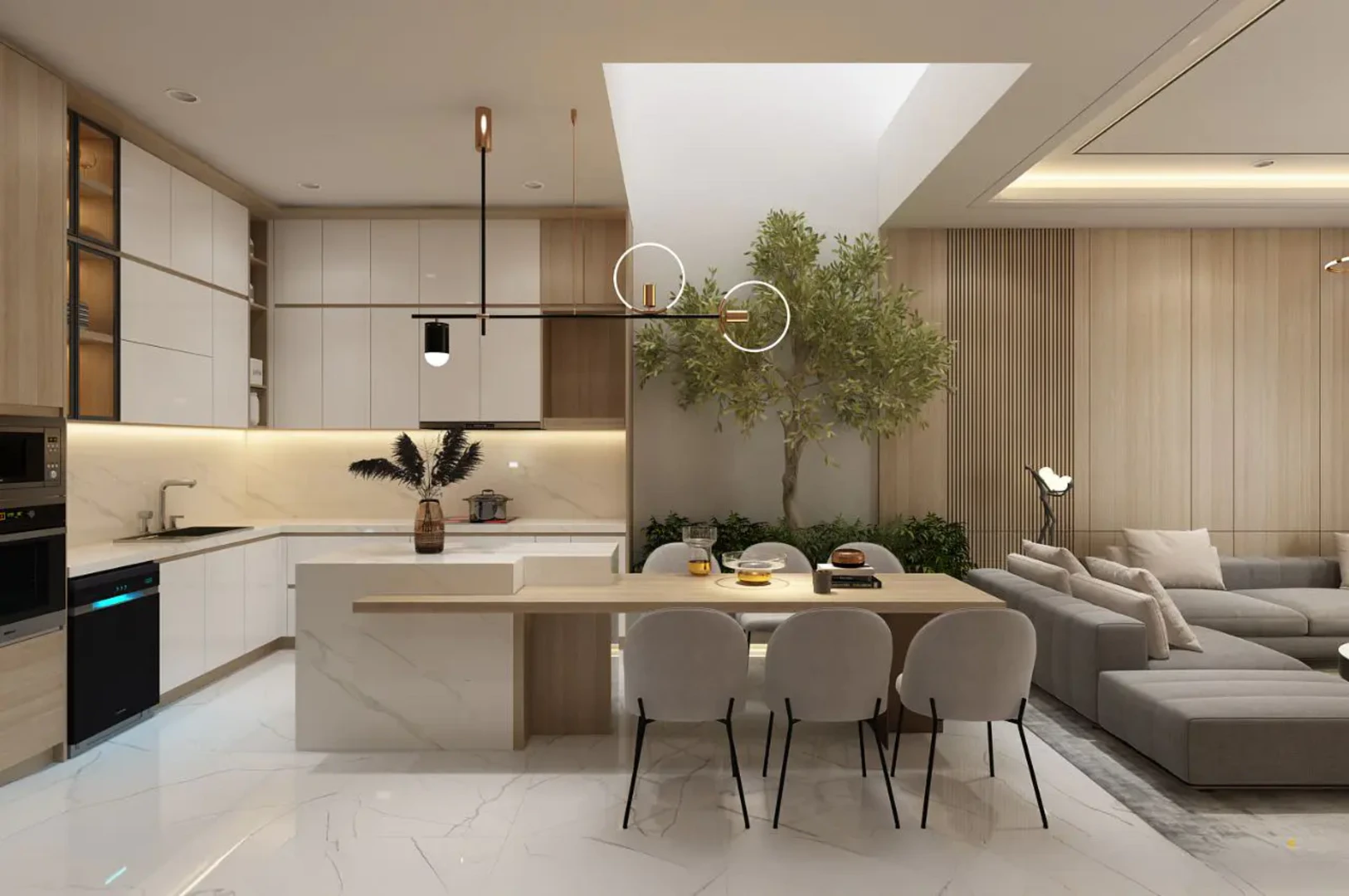 Mô hình phòng khách chung cư liền bếp tối ưu diện tích